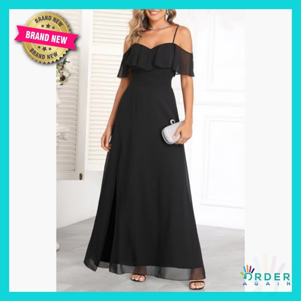 Elegant Off Shoulder Formal Dress A-Line Silhouette Chiffon Wedding Guest - Picture 5 of 7
